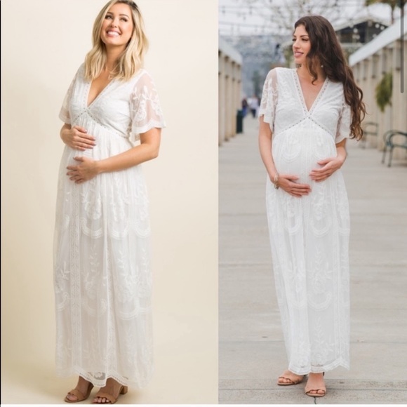 Pinkblush Maternity White Lace Overlay V Neck Maxi Dress - Picture 2 of 14